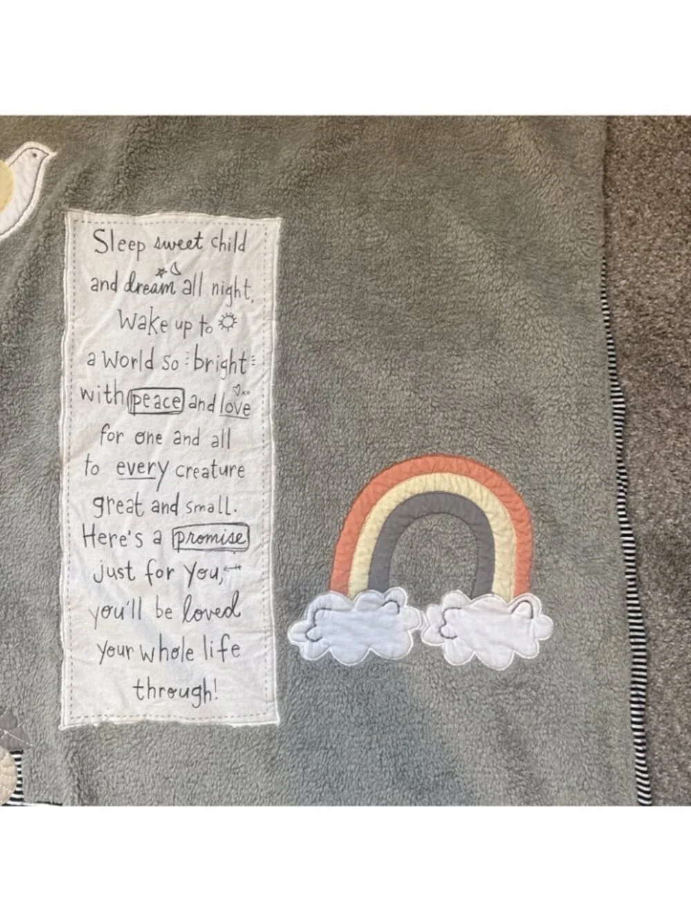Demdaco Grey Sherpa Noahs Ark Baby Blanket Rainbow Peace Stripe Reversible Plush